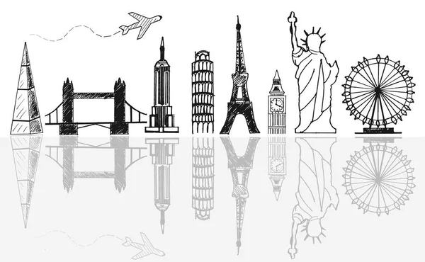 Wereldwijde reizen toeristische bezienswaardigheden skyline schets — Stockfoto