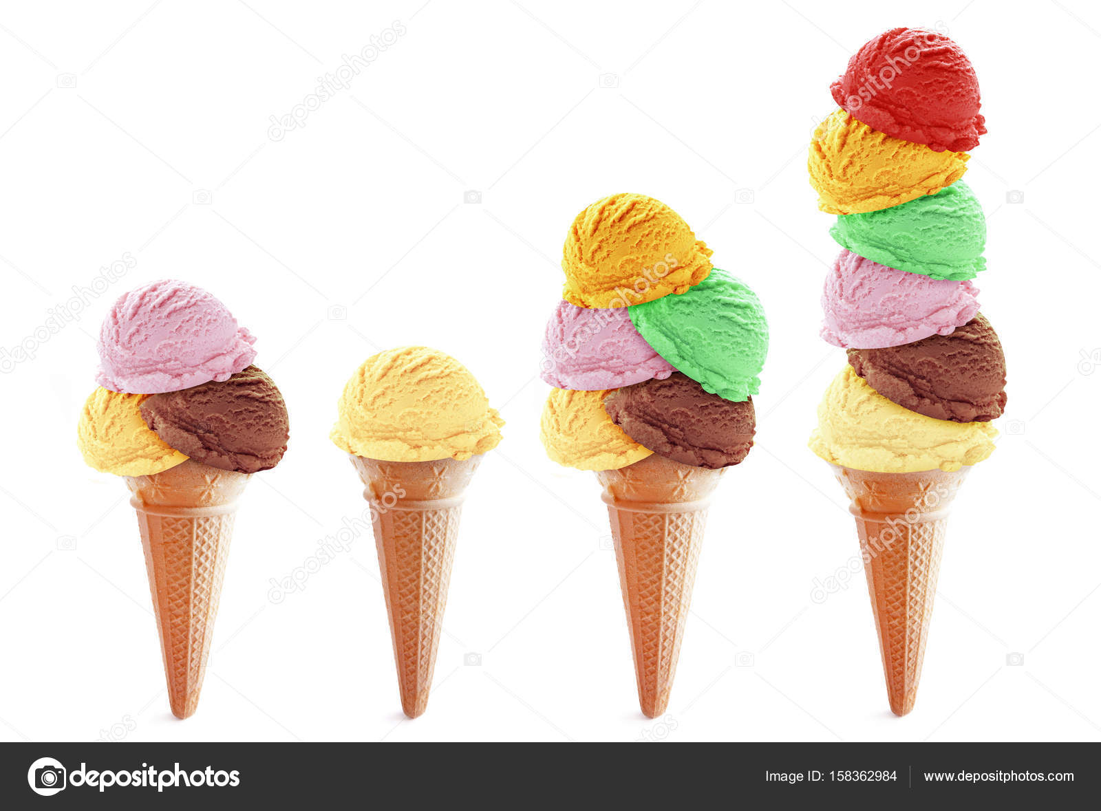 Assorted icecream scoops in cones Stock Photo by ©nupix 158362984
