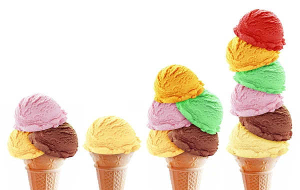 Assorted icecream scoops in cones — Stock Photo, Image