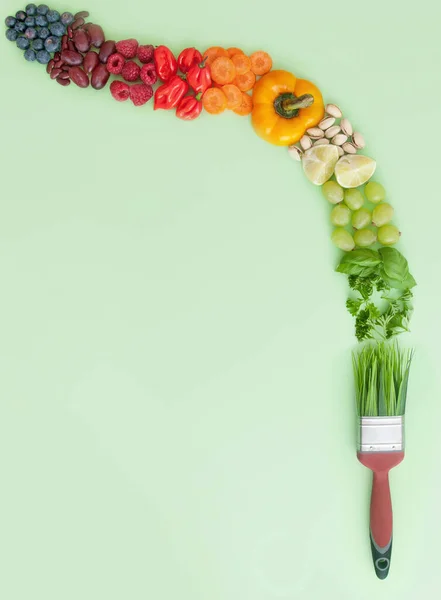 Grüner Lebensmittelpinsel Strich Mit Verschiedenen Bunten Lebensmittelgruppen Einschließlich Obst Gemüse — Stockfoto