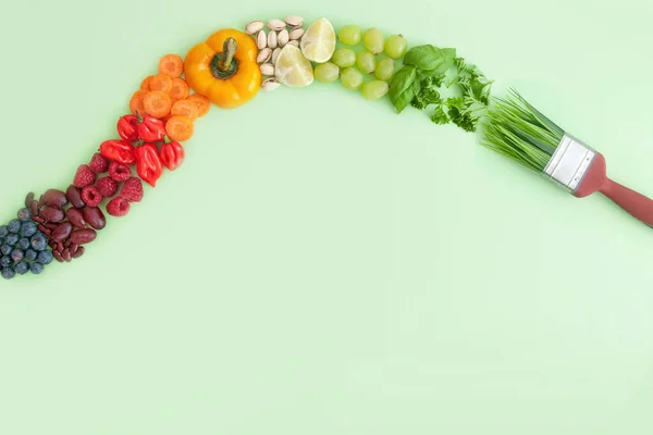 Grüner Lebensmittelpinsel Strich Mit Verschiedenen Bunten Lebensmittelgruppen Einschließlich Obst Gemüse — Stockfoto