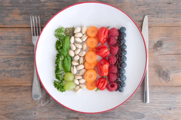 Verschiedene Pflanzliche Ernährungsbestandteile Wie Getreide Nüsse Obst Und Gemüse — Stockfoto