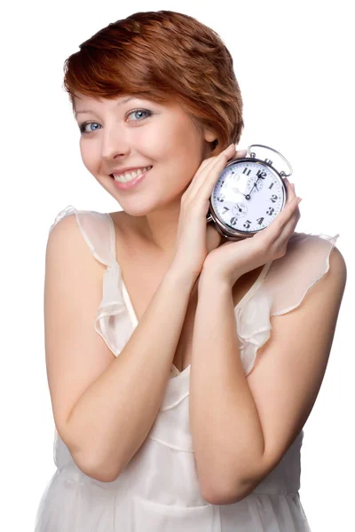 Young woman at morning with the clock — Stock Photo, Image