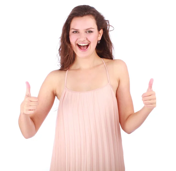Щаслива жінка показує великі пальці вгору Ліцензійні Стокові Фото