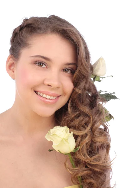 Young woman with white rose — Stock Photo, Image