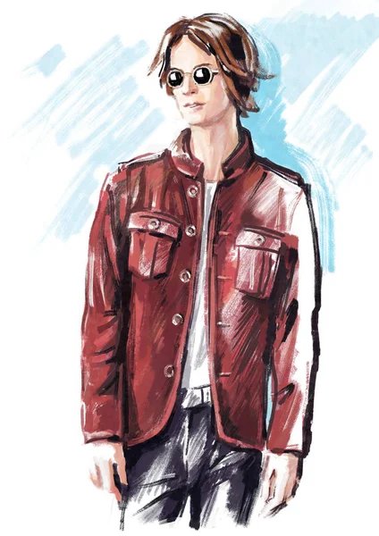 Kareli kahverengi takım elbiseli yakışıklı bir adamın moda çizimi.