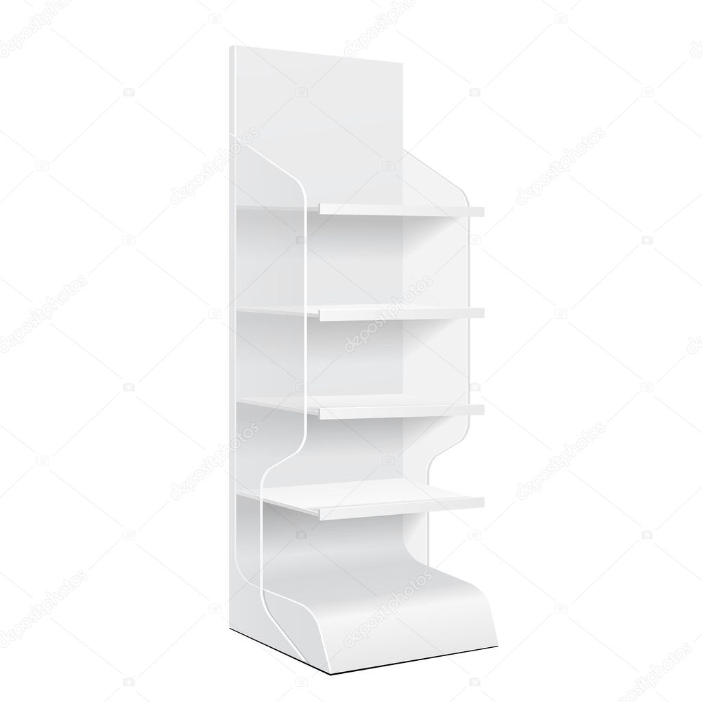 Download White Cardboard Floor Display Rack For Supermarket Blank Empty Displays With Shelves And Banner Products Mock Up On White Background Isolated Ready For Your Design Product Packing Vector Eps10 Vector Image