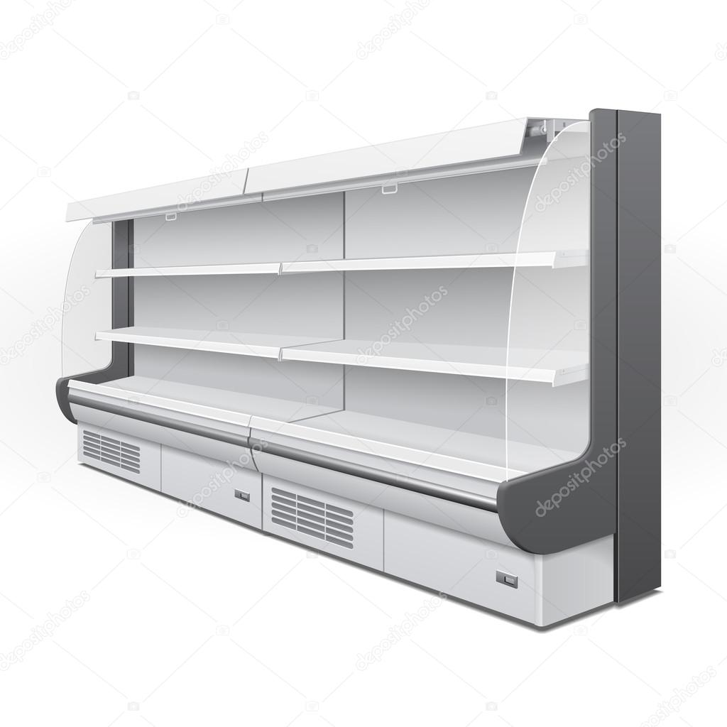 Long Cooled Regal Rack Refrigerator Wall Cabinet Blank Empty Showcase Displays. Retail Shelves. 3D Products On White Background Isolated. Mock Up Ready For Your Design. Product Packing. Vector EPS10