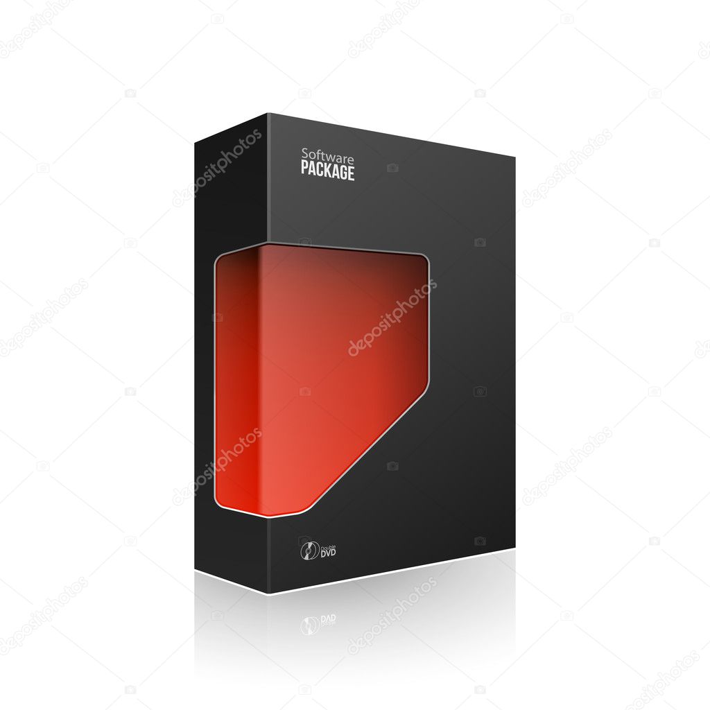 Black Modern Software Product Package Box With Red Window For DVD Or CD Disk. 3D Products On White Background Isolated. Ready For Your Design. Product Packing. Vector EPS10