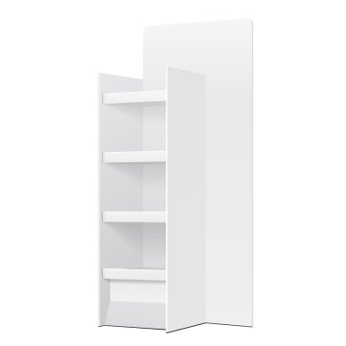 Beyaz karton zemin ekran raf raflar ve afiş ürünleri ile boş boş görüntüler izole beyaz zemin üzerine alay süpermarket için. Tasarımınız için hazır. Ürün Ambalaj. Vektör Eps10