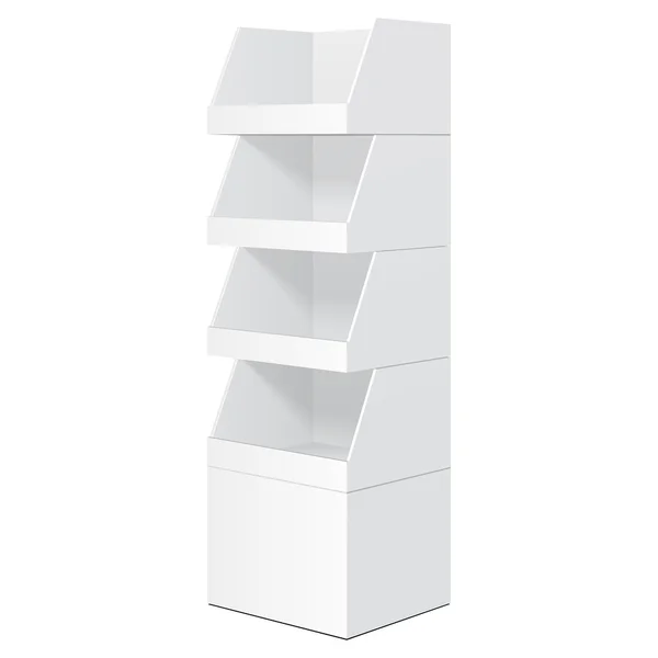 Witte Tafelblad Stand, Kartonnen vloer Display Rack voor Supermarkt Blanco Lege Displays met Planken Producten Mock Up Op Witte Achtergrond Geïsoleerd. Klaar voor je ontwerp. Product verpakking. Vector EPS10 — Stockvector