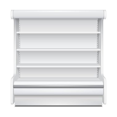 Regal Rack buzdolabı duvar kabine boş boş vitrin görüntüler soğutmalı. Perakende raflarında. Beyaz arka plan izole 3D ürünlerde. Tasarımınız için hazır kadar alay et. Ürün Ambalaj. Vektör Eps10