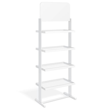 Beyaz perakende raflarında kat görüntülenecek raf başlık afiş ürünleri ile boş boş görüntüler kadar alay süpermarket için. 3D izole beyaz arka plan üzerinde. Tasarımınız için hazır. Ürün Ambalaj. Vektör Eps10