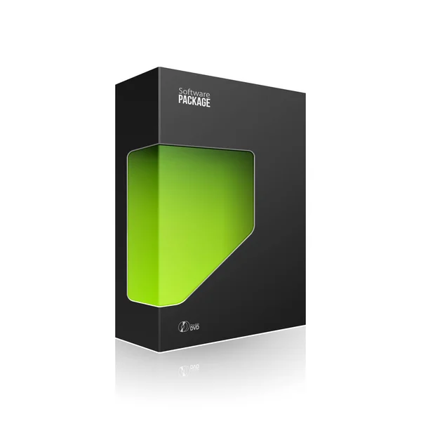 Caja de paquete de productos de software moderno negro con ventana verde para DVD o CD. Productos 3D sobre fondo blanco aislado. Listo para tu diseño. Embalaje del producto. Vector EPS10 — Vector de stock
