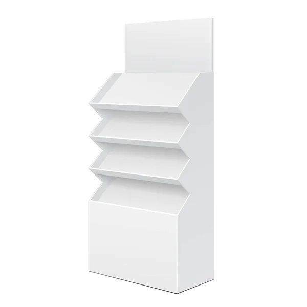 Espositore da terra in cartone bianco per display vuoti vuoti da supermercato con scaffali prodotti su sfondo bianco isolato. Pronto per il tuo design. Imballaggio del prodotto. Vettore EPS10 — Vettoriale Stock