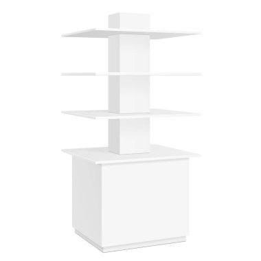 Beyaz kare Pos POI karton zemin ekran raf süpermarket boş boş rafları ürünleri izole beyaz arka plan üzerinde görüntüler. Tasarımınız için hazır. Ürün Ambalaj. Vektör Eps10