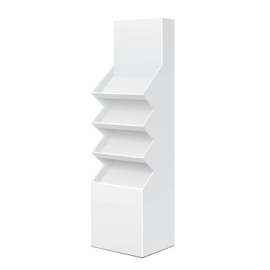 İki yan beyaz Pos POI karton zemin ekran raf süpermarket boş boş ekran beyaz arka planda izole rafları ürünleri ile için. Tasarımınız için hazır. Ürün Ambalaj. Vektör Eps10