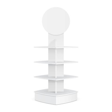 Pos POI karton zemin ekran raf süpermarket boş boş için yuvarlak beyaz izole beyaz arka plan üzerinde raf ürünleri ile görüntüler. Tasarımınız için hazır. Ürün Ambalaj. Vektör Eps10