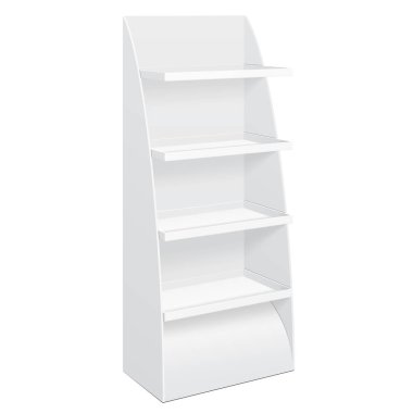 Beyaz karton zemin ekran raf raf ürünleri ile boş boş görüntüler izole beyaz arka plan üzerine alay süpermarket için. Tasarımınız için hazır. Ürün Ambalaj. Vektör Eps10