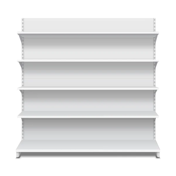 Exhibiciones vacías blancas del escaparate en blanco con los estantes al por menor Vista frontal de los productos 3D en el fondo blanco aislado. Listo para tu diseño. Embalaje del producto. Vector EPS10 — Vector de stock