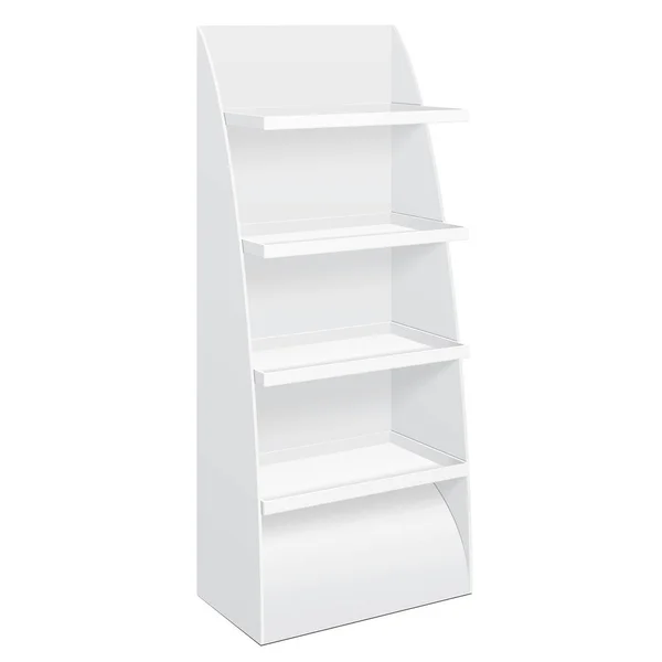 Espositore da terra in cartone bianco per display vuoti da supermercato con scaffali Prodotti finto su sfondo bianco isolato. Pronto per il tuo design. Imballaggio del prodotto. Vettore EPS10 — Vettoriale Stock