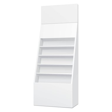 Beyaz karton zemin ekran raf süpermarket rafları ürünleri ile boş boş görüntüler kadar alay için. İllüstrasyon izole beyaz arka plan üzerinde. Tasarımınız için hazır. Ürün Ambalaj. Vektör Eps10