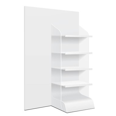 Beyaz karton zemin ekran raf raflar ve afiş ürünleri ile boş boş görüntüler izole beyaz zemin üzerine alay süpermarket için. Tasarımınız için hazır. Ürün Ambalaj. Vektör Eps10