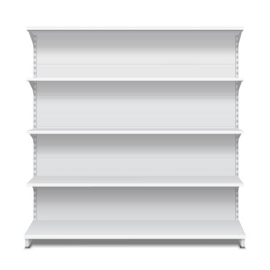 Beyaz boş boş vitrin görüntüler perakende raflarında ön ile izole beyaz arka plan üzerinde 3d ürünler görüntüleyin. Tasarımınız için hazır. Ürün Ambalaj. Vektör Eps10