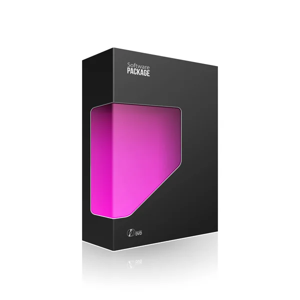 Black Modern Software Product Package Box with Violet Purple Magenta Window for DVD or CD Disk. 3D продукты на белом фоне изолированы. Ready for Your Design. Вектор S10 — стоковый вектор