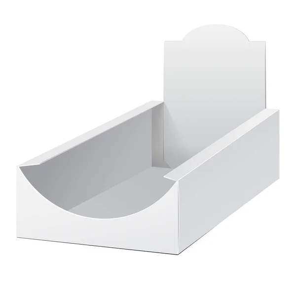 Caja de soporte de pantalla blanca POS POI Cartón en blanco vacío, vista frontal. Productos sobre fondo blanco aislado. Listo para tu diseño. Embalaje del producto de burla. Vector EPS10 — Archivo Imágenes Vectoriales