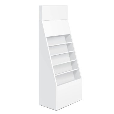 Beyaz karton zemin ekran raf süpermarket rafları ürünleri ile boş boş görüntüler kadar alay için. İllüstrasyon izole beyaz arka plan üzerinde. Tasarımınız için hazır. Ürün Ambalaj. Vektör Eps10