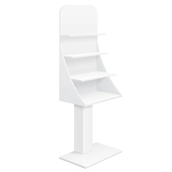 แท่นวางโต๊ะ, ชั้นวางกระดาษแข็งสําหรับซุปเปอร์มาร์เก็ตจอแสดงผลที่ว่างเปล่าพร้อมชั้นวางผลิตภัณฑ์ Mock Up บนพื้นหลังสีขาวแยก พร้อมสําหรับการออกแบบของคุณ โฆษณาผลิตภัณฑ์ เวกเตอร์ EPS10 — ภาพเวกเตอร์สต็อก