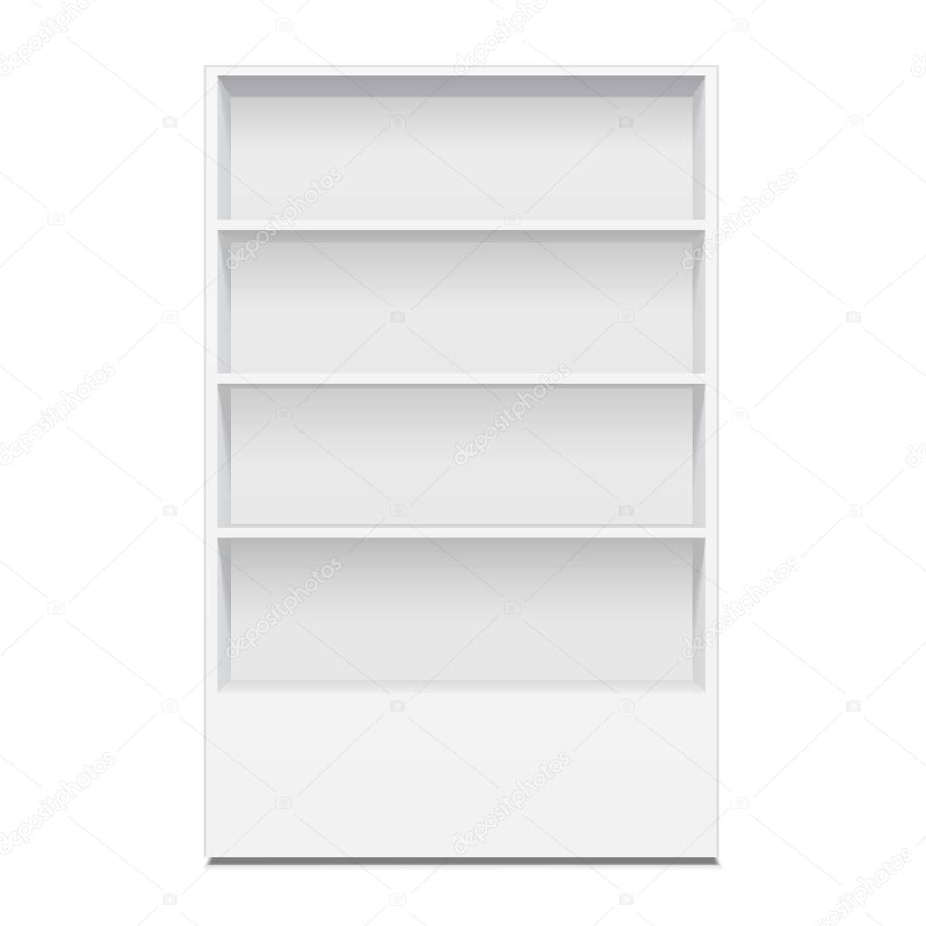 Blank Empty Showcase Display With Retail Shelves. 3D. Front View. Mock Up, Template. Illustration Isolated On White Background. Ready For Your Design. Product Advertising. Vector EPS10