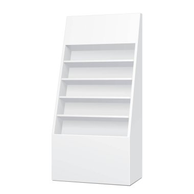 Beyaz karton zemin ekran raf süpermarket rafları ürünleri ile boş boş görüntüler kadar alay için. İllüstrasyon izole beyaz arka plan üzerinde. Tasarımınız için hazır. Ürün Ambalaj. Vektör Eps10