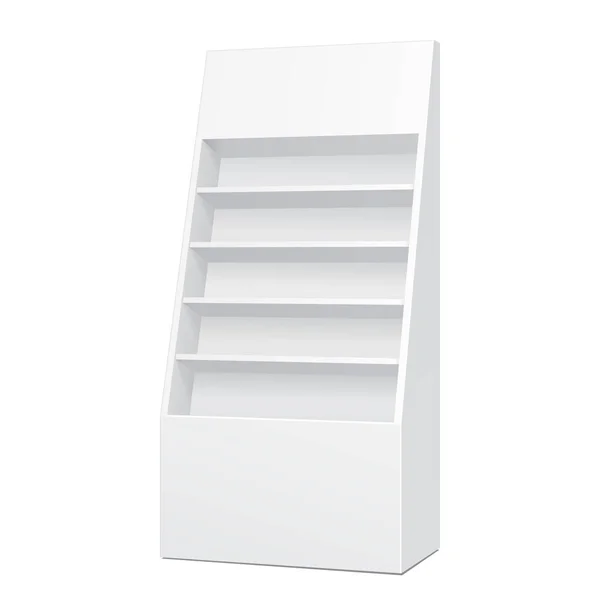 Espositore da terra in cartone bianco per display vuoti da supermercato con scaffali Prodotti finti. Illustrazione isolata su sfondo bianco. Pronto per il tuo design. Imballaggio del prodotto. Vettore EPS10 — Vettoriale Stock