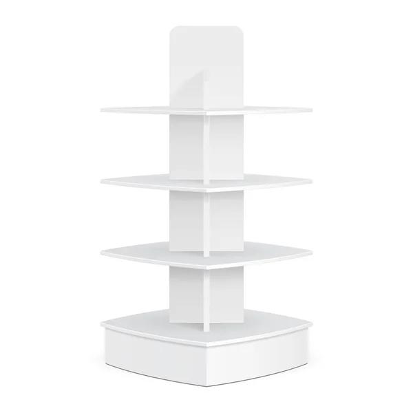 Square Rounded POS POI Cardboard Floor Display Rack For Supermarket Blank Empty Displays (dalam bahasa Inggris). Produk Mock Up On White Background terisolasi. Siap Untuk Desain Anda. Iklan Produk. EPS10 Vektor - Stok Vektor