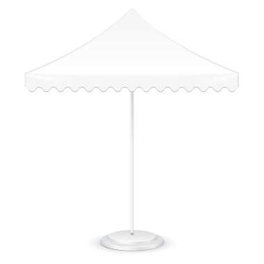 Açık Bahçe beyaz şemsiye şemsiye reklam promosyon Meydanı. Önden Görünüm. Yukarı, şablon alay. İllüstrasyon izole beyaz arka plan üzerinde. Tasarımınız için hazır. Ürün reklam. Vektör Eps10