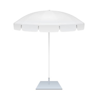 Açık Bahçe beyaz şemsiye şemsiye reklam promosyon Meydanı. Yukarı, şablon alay. İllüstrasyon izole beyaz arka plan üzerinde. Tasarımınız için hazır. Ürün Ambalaj. Vektör Eps10