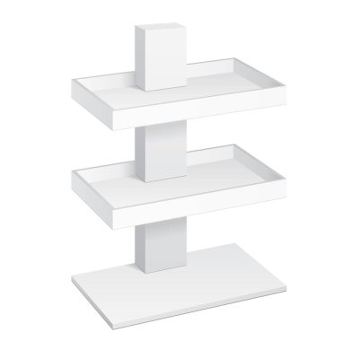 Perakende raflarında kat ekran raf süpermarket boş boş görüntüler için. Kadar alay et. 3D izole beyaz arka plan üzerinde. Tasarımınız için hazır. Ürün reklam. Vektör Eps10