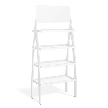 Perakende raflarında kat ekran raf kadar boş boş görüntüler Banner ürünleri ile alay süpermarket için. 3D izole beyaz arka plan üzerinde. Tasarımınız için hazır. Ürün reklam. Vektör Eps10