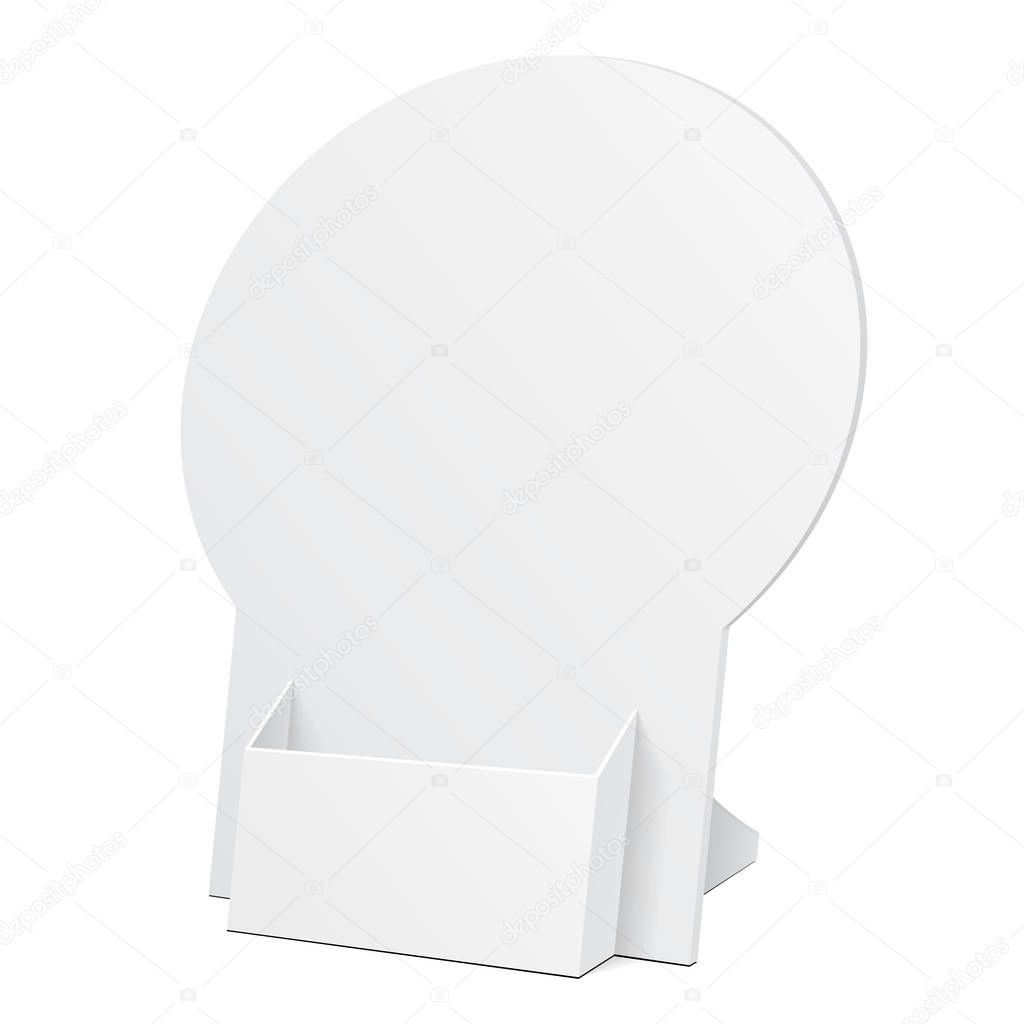 POS POI Cardboard Blank Empty Show Box Holder For Advertising Fliers, Leaflets Or Products On White Background Isolated. Ready For Your Design. Product Advertising. Vector EPS10
