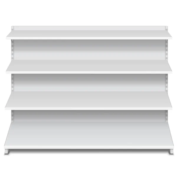 White Long Blank Empty Showcase Display With Retail Shelves Front View 3D Products On White Background Isolated (dalam bahasa Inggris). Siap Untuk Desain Anda. Pengepakan Produk. EPS10 Vektor - Stok Vektor