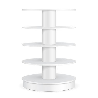 Karton zemin ekran raf süpermarket için yuvarlak boş boş rafları ile izole beyaz arka plan üzerinde ürünleri görüntüler. Tasarımınız için hazır. Ürün Ambalaj. Vektör Eps10