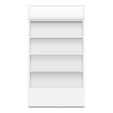 Boş boş vitrin ekran perakende raflarında. 3D. ön görünümü. Yukarı, şablon alay. İllüstrasyon izole beyaz arka plan üzerinde. Tasarımınız için hazır. Ürün reklam. Vektör Eps10