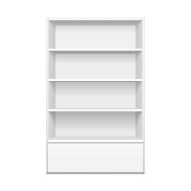 Boş boş vitrin ekran perakende raflarında. 3D. ön görünümü. Yukarı, şablon alay. İllüstrasyon izole beyaz arka plan üzerinde. Tasarımınız için hazır. Ürün reklam. Vektör Eps10