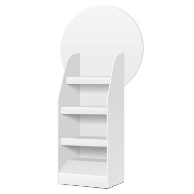 Süpermarket için karton zemin ekran raf. Boş boş rafları sahte ile. İllüstrasyon izole beyaz arka plan üzerinde. Tasarımınız için hazır. Ürün reklam. Vektör