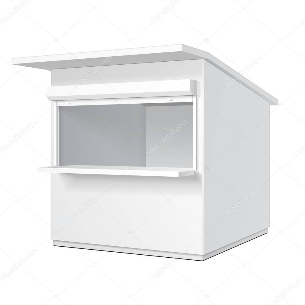 Promotional Or Trade Outdoor Kiosk, Stand, Newsstand. Open-fronted Hut Or Cubicle. Mock Up, Template. Illustration Isolated On White Background. Ready For Your Design. Product Advertising Vector EPS10