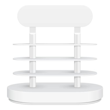 Süpermarket boş boş rafları ile için karton zemin ekran raf yuvarlanır. Beyaz arka plan üzerinde izole. Tasarımınız için hazır. Ürün Ambalaj. Vektör Eps10