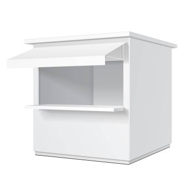 Promosyon ya da ticaret açık Kiosk, Stand, gazete bayii. Açık önlü kulübe veya küp biçiminde. Yukarı, şablon alay. İllüstrasyon izole beyaz arka plan üzerinde. Tasarımınız için hazır. Ürün reklam vektör Eps10