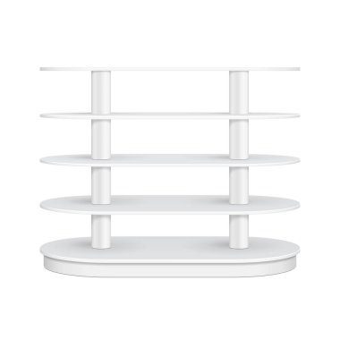 Yuvarlak zemin ekran raf süpermarket boş rafları ile için. 3D. ön görünümü. Yukarı, şablon alay. İllüstrasyon izole beyaz arka plan üzerinde. Tasarımınız için hazır. Ürün reklam. Vektör Eps10